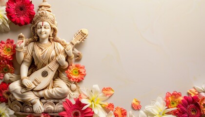 Statue of Goddess Saraswati with veena surrounded by fresh flowers on empty background.