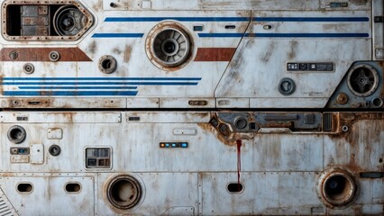 A close-up of a spaceship hull showing weathered metal panels with blue and red stripes