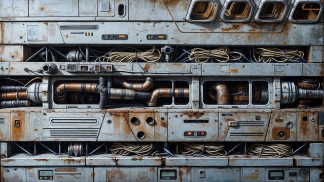 A close-up view of industrial machinery, showing detailed wiring, pipes, and other components