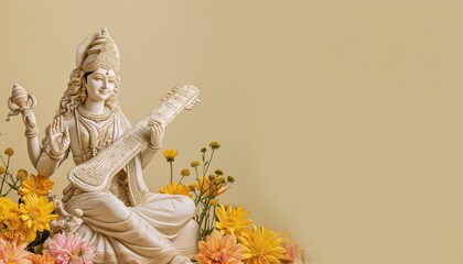 Statue of Goddess Saraswati with veena surrounded by fresh flowers on empty background.