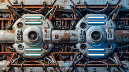 Futuristic machinery: rusty pipes, glowing wires, blue lights. Industrial sci-fi concept with abstract design. Steampunk meets cyberpunk