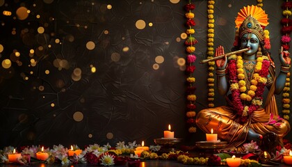 Obraz premium The statue of Lord Krishna playing the flute, decorated with garlands and candles around it
