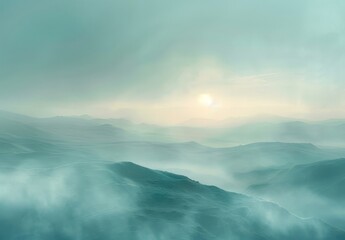 Fototapeta premium Tranquil Mountainous Landscape: Serene Sunrise View over Foggy Mountains and Misty Fields
