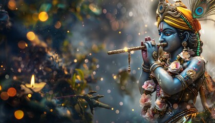 The statue of Lord Krishna playing the flute, decorated with garlands and candles around it