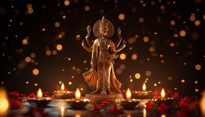 The statue of Goddess Durga stands majestically, surrounded by lights and candles