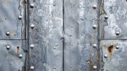 Fototapeta premium Top view of galvanized metal sheet with zinc coating bolts nuts and weathered edges