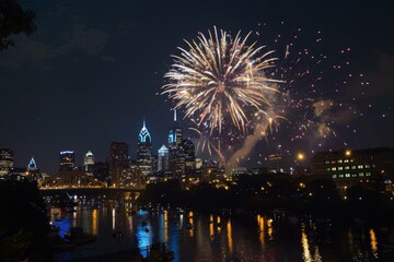 Fototapeta premium Vibrant fireworks over Omaha's riverfront with illuminated skyline backdrop, celebratory themes.