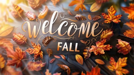 A close-up image of fall leaves arranged around the words Welcome Fall on a dark background