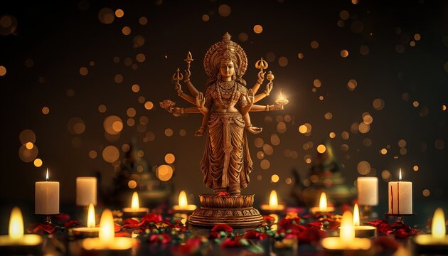 The statue of Goddess Durga stands majestically, surrounded by lights and candles