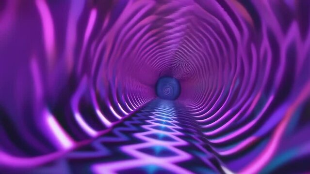 This image captures a futuristic tunnel decorated with zigzag light patterns in vibrant purple and blue hues. The abstract scene gives a sense of motion and mystery, resembling a sci-fi setting.