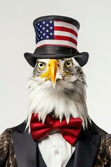 Stylish eagle dressed in suit and American flag top hat, patriotic themes, social media, and creative campaigns. Bold visuals, high impact.