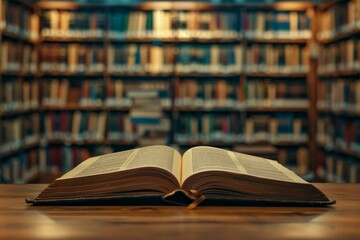 Obraz premium Open book on wooden table in a library with shelves of colorful books in the background, evoking a sense of knowledge, learning, and academic study in a warm, inviting atmosphere.