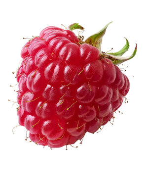 A bright red raspberry with a bumpy texture and round shape, isolated on a white background.