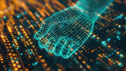 Close-up of a digital handshake icon on a screen, symbolizing business network connections and teamwork collaboration in the digital age