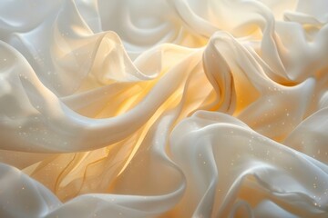 Fototapeta premium Elegant Fabric Texture: Soft Focus Close-up of Silk or Satin Material with Light Streams and Radiant Golden Hue