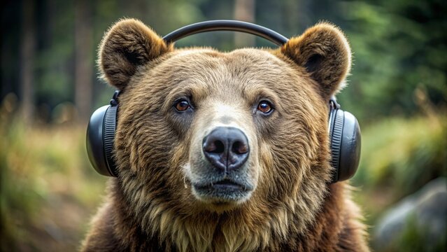 A brown bear wearing headphones in a forest setting