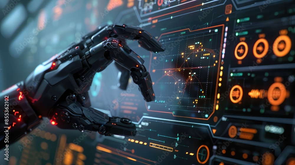 Poster close-up of a futuristic robot hand interacting with a digital interface displaying machine learning