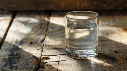 Close-up of a glass of water placed on a rustic wooden table, with natural sunlight highlighting the water's clarity