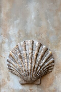 Scallop shell on  vintage concrete wall, wet wand. Iconic symbol of the Camino de Santiago pilgrimage, journey, spiritual commitment. Sea shell is guidance, powerful emblem of faith, renewal.