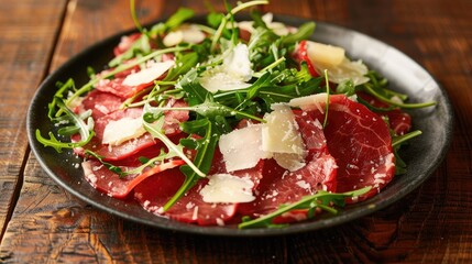Close-up of a plate of beef carpaccio with arugula and Parmesan cheese