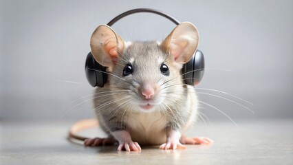 A close-up shot of a small, grey mouse wearing black headphones, looking directly at the camera