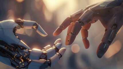 Close-up of a robot hand and a human hand reaching out to touch fingertips, with a soft, glowing light in the background