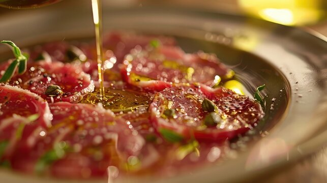 Close-up of a plate of ostrich meat carpaccio with capers and a drizzle of olive oil