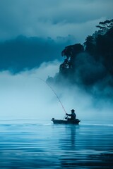 Solitary fisherman at dawn with red fishing rod on misty lake amidst lush green hills