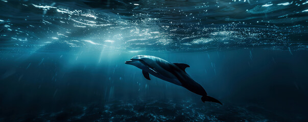 Naklejka premium Dolphin swimming underwater under sea life with sunbeams