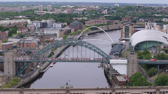 Aerial view of the Tyne Bridge going over the River Tyne connecting Newcastle and Gateshead