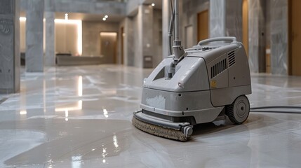 Close up of state of the art floor buffer machine on newly polished floor surface