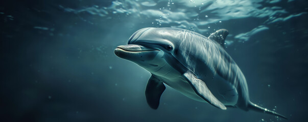 Naklejka premium Dolphin swimming underwater under sea life with sunbeams
