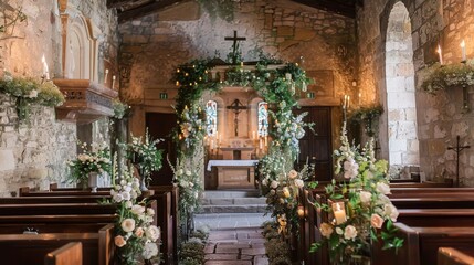 A church aisle decorated with flowers, greenery, and candles. The aisle leads towards the altar, which is also adorned with floral arrangements.