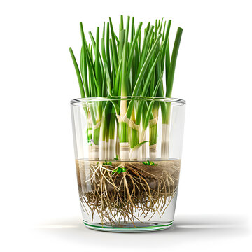 recommend clip art: Clipart illustration of green onions in water in a clear glass pot, on a white background, suitable for home decoration.[A-0001]