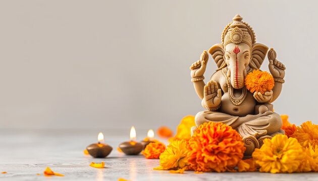 The statue of Lord Ganesha is decorated with marigold flowers and a lighted diya