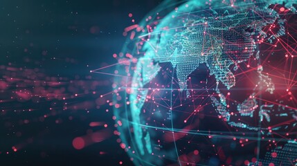 Side view of a holographic globe with data exchange lines and deep learning nodes interconnected across continents