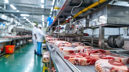 Naklejka premium Side view of a meat processing facility with various meats being prepared for packaging