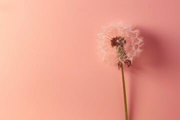 A close-up of a dandelion seed head with its filaments intact, set against a soft pink backdrop