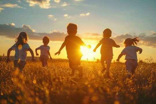 Enthusiastic children in a meadow during sunset, running and enjoying the warmth of the golden hour
