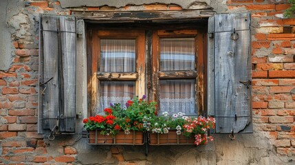Top-down view of a rustic wooden window with flower boxes, set against an old brick wall