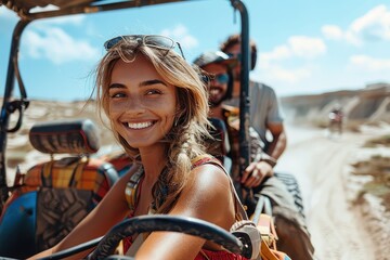 Happy couple enjoying a buggy ride on sandy dunes, with smiles and summer vibes