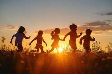 Fototapeta premium Silhouettes of five children play joyfully in a grass field during a beautiful sunset