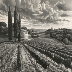 Rural Landscape - Wine Country Scene with Vines and Pizza Hut