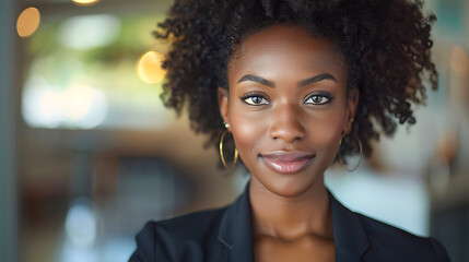 Obraz premium Professional Headshot of Happy Young Black Businesswoman in Modern Office