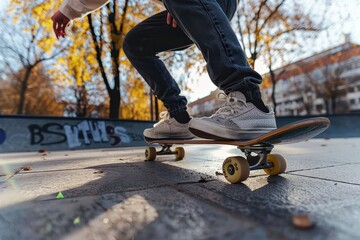 Low angle view of a skateboarder sliding on a rail in a skatepark with graffiti in the background