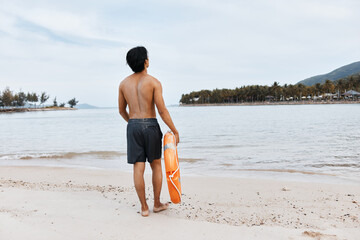 Guardian of Safety: Asian Lifeguard at the Beach, Providing Protection and Rescue in Summer