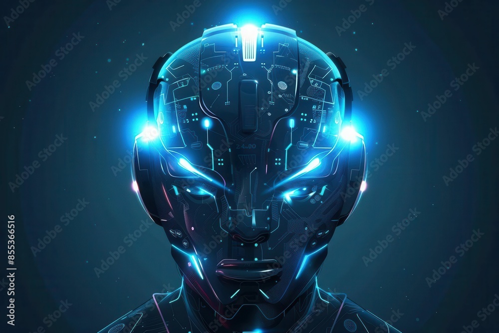 Wall mural robotic ai head with glowing circuits futuristic artificial intelligence concept illustration