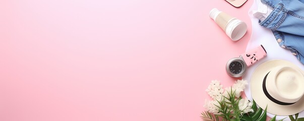 Summer Essentials Flat Lay on Pink Background