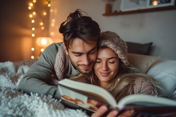 Romantic young couple affectionately cuddled up reading a book in a cozy bedroom setting with lights