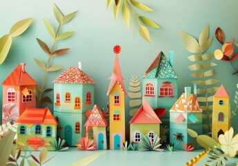 Colorful Paper House Scenery with Trees and Flowers